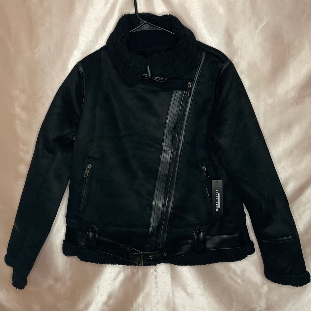 BLACK FAUX FUR SUEDE MOTO JACKET BIKER COAT - Picture 4 of 15